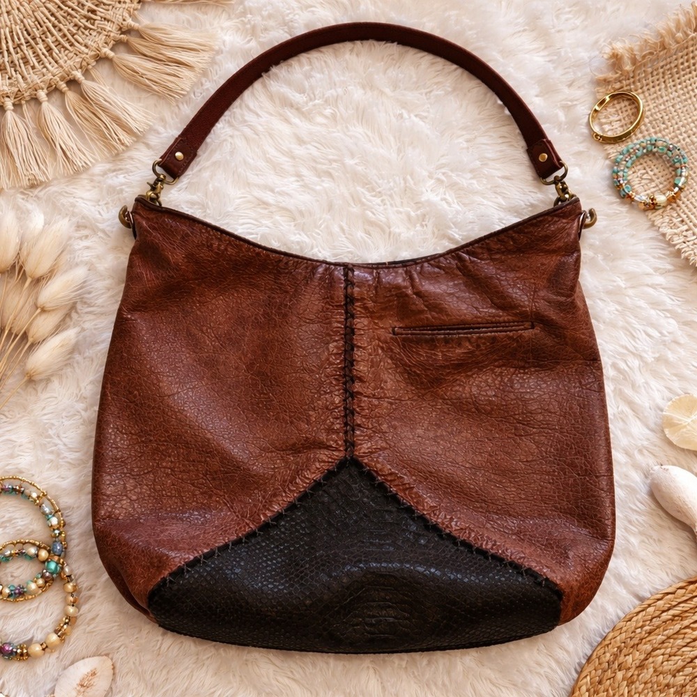 The Sak Hobo Bag Brown Leather Patchwork Snakeskin Accent‎ Shoulder Bag